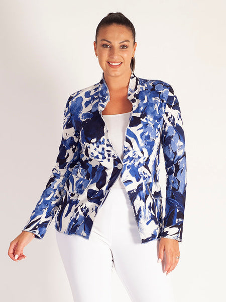 Navy/Marine Abstract Garden Print Linen Jacket - Promotion Until 8th May 2024