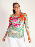 Green/Multi Tropical Print Jersey Top with 3/4 Batwing Sleeves