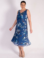 Bluebird Floral Print Silk Devore Sleeveless Dress