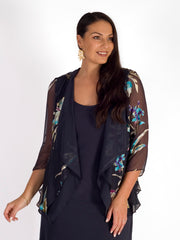 Pewter Turquoise/Lime Iris Floral Print Devoree Contrast Layered Shrug
