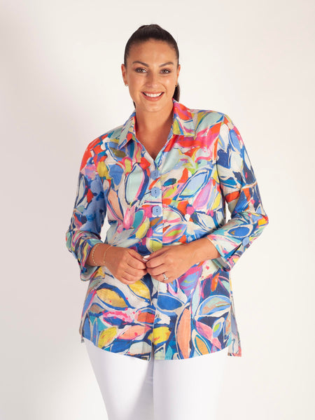Blue/Multi Abstract Leaf Print Button Front Shirt