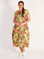 Lime Floral Barrel Linen Dress