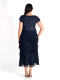 Navy Crush Pleat Satin & Chiffon Tiered Dress