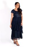 Navy Crush Pleat Satin & Chiffon Tiered Dress