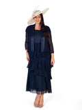 Navy Crush Pleat Satin & Chiffon Tiered Dress