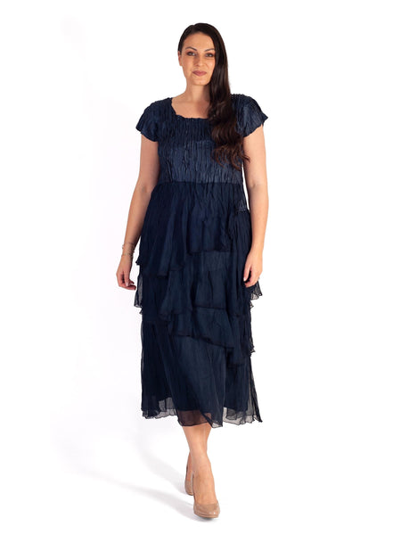 Navy Crush Pleat Satin & Chiffon Tiered Dress