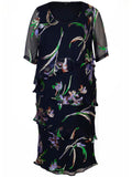 Navy Iris Floral Print Multi Layered Devoree Dress
