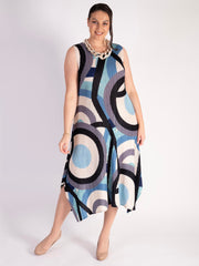 Blue Tokyo Abstract Circle Print Plisse Pleat Dress