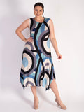 Blue Tokyo Abstract Circle Print Plisse Pleat Dress