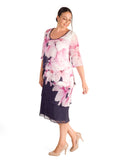 Violetta/Rose Pink/Ivory Garland Border Detail Multi Layered Chiffon Dress