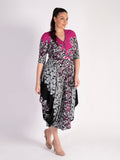 Fuchsia/Grey/Black Zip Front Floral Border Print Jersey Drape Dress