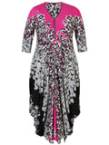 Fuchsia/Grey/Black Zip Front Floral Border Print Jersey Drape Dress