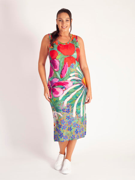 Green/Multi Tropical Print Sleeveless Jersey Dress with Side Slits