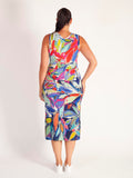 Blue/Multi Abstract Leaf Print Sleeveless Jersey Dress with Side Slits - Promotion Until 8th May 2024