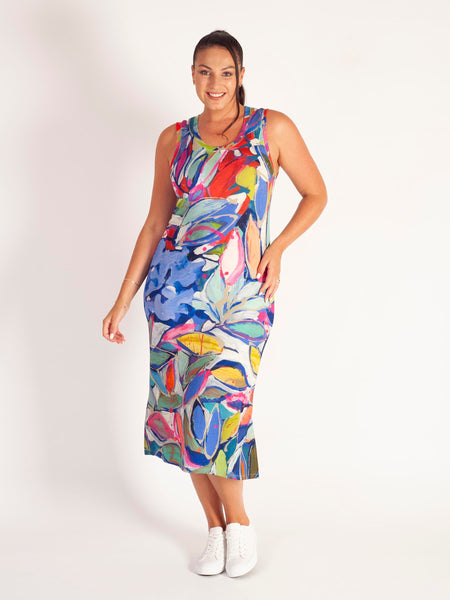 Blue/Multi Abstract Leaf Print Sleeveless Jersey Dress with Side Slits