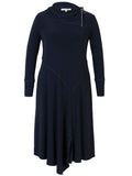 Navy Jersey Dress with Soft Collar Shoulder Zip Detail