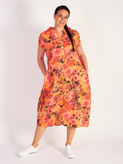 Orange Floral Barrel Linen Dress