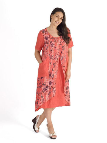 Coral Floral & Stripe Print Wrap Linen Dress