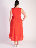 Red Sleeveless Linen Dress with Ribbed Panel Detailing