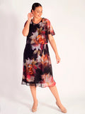 Red Orchid/Multi Floral Print Double Layer Chiffon Dress with Angel Sleeves