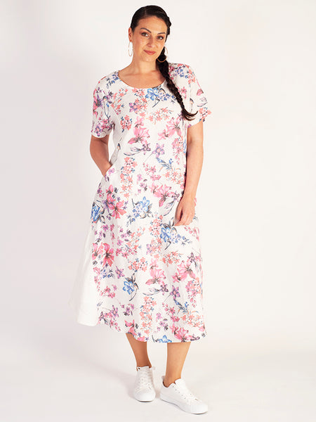 White/Fuschia Floral Linen Panel Dress