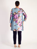 Blue Steel/Magenta Floral Placement Edge to Edge Contrast Lined Satin Twill Coat