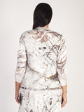 Ivory/Mocha Pheasant Print & Abstract Silk Devoree Shrug with Lace Trim