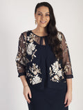 Navy Embroidered Sequin Mesh Jacket with Chiffon Trim