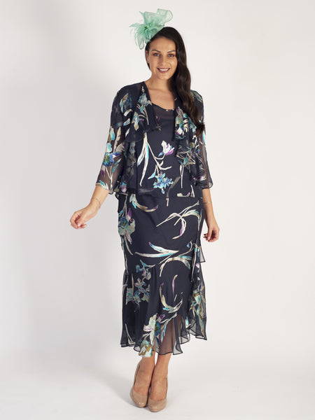 Pewter Turquoise/Lime Iris Floral Print Silk Devoree Shrug - Promotion Until 8th May 2024