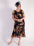 Navy Chrysanthemum Print Layered Silk Devoree Dress