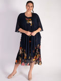 Navy Chrysanthemum Print Layered Silk Devoree Dress