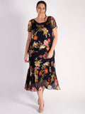 Navy Chrysanthemum Print Layered Silk Devoree Dress