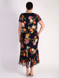 Navy Chrysanthemum Print Layered Silk Devoree Dress