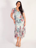 Aqua Floral Print Trimmed Godet Mesh Dress With Angel Sleeve