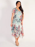 Aqua Floral Print Trimmed Godet Mesh Dress With Angel Sleeve