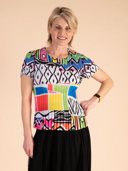 Black/ Multi Abstract Graphic Print Pleated Top