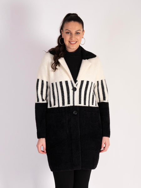 Black/White Contrast Piano Stripe Knitted Coat