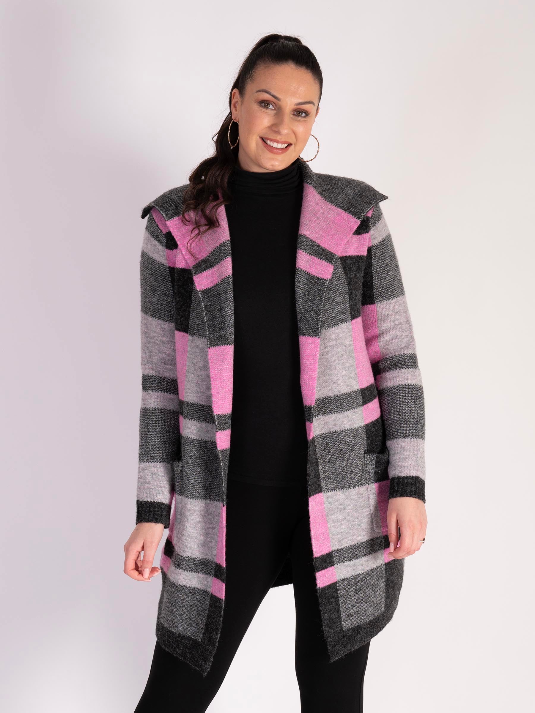 Black Pink Checked Knitted Coat Chesca Direct