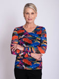 Multi Coloured Brushtrokes Print V-Neck Mesh Top
