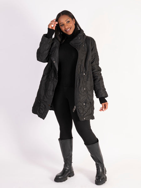 Black Swirl Embroidery Quilted Coat with Knitted Collar