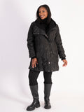 Black Swirl Embroidery Quilted Coat with Knitted Collar