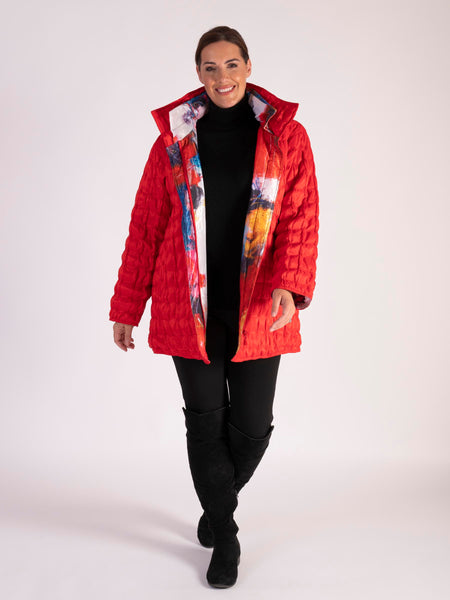 Red/Abstract Quilted Reversible Zip Jacket