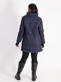 Navy Swirl Embroidery Quilted Coat with Knitted Collar