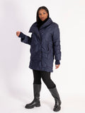 Navy Swirl Embroidery Quilted Coat with Knitted Collar