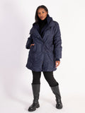 Navy Swirl Embroidery Quilted Coat with Knitted Collar