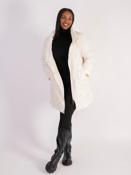 Cream Swirl Embroidery  Quilted Coat with Knitted Collar - Black Friday Comes Early