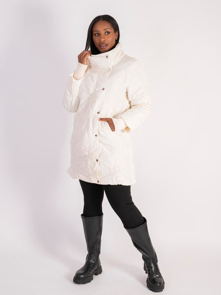 Cream Swirl Embroidery  Quilted Coat with Knitted Collar