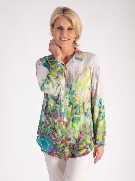 Spring Awakening: Green & Multi Abstract Floral Pintuck Shirt - SS25