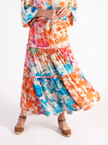 Pink/Orange Botanical  Print Tiered Maxi Skirt