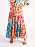 Pink/Orange Botanical  Print Tiered Maxi Skirt